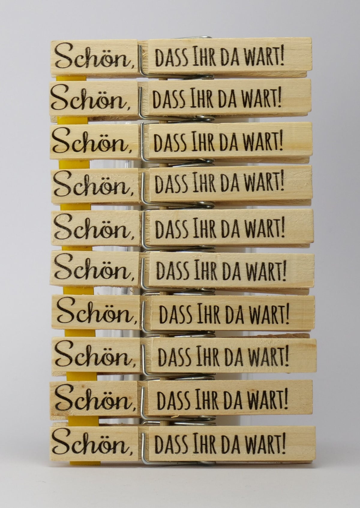 Holz-Wäscheklammern Schön, dass ihr da wart! Wäscheklammer bedruckt Platzkarte, Tischkarte, Gastgeschenk, Anstecker für Hochzeit