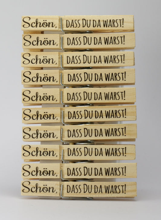 Holz-Wäscheklammern  Schön, dass du da warst!  Wäscheklammer bedruckt Platzkarte, Tischkarte, Gastgeschenk, Anstecker für Hochzeit