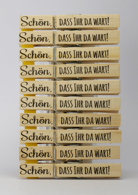 Holz-Wäscheklammern  Schön, dass ihr da wart!  Wäscheklammer bedruckt Platzkarte, Tischkarte, Gastgeschenk, Anstecker für Hochzeit