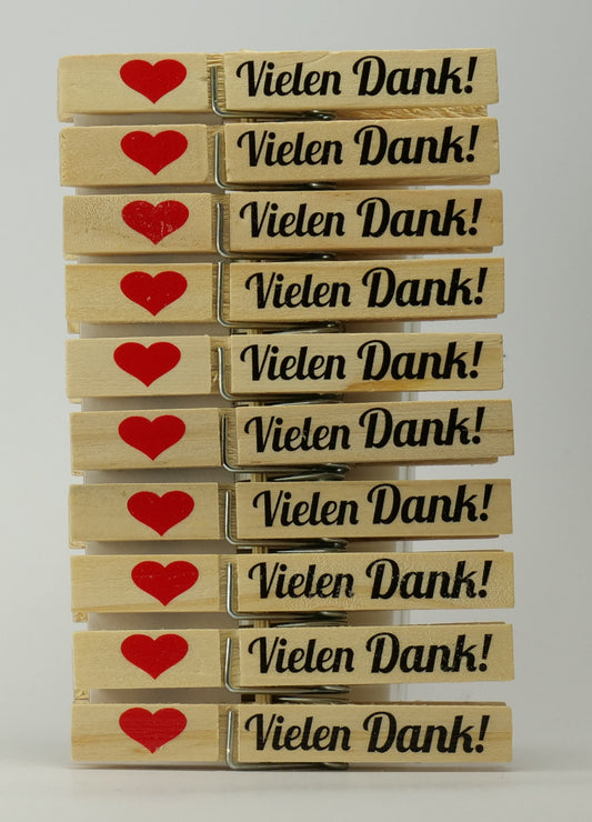 Holz Wäscheklammern Vielen Dank  Wäscheklammer bedruckt mit Herz, Tischkarte, Gastgeschenk,  für Hochzeit